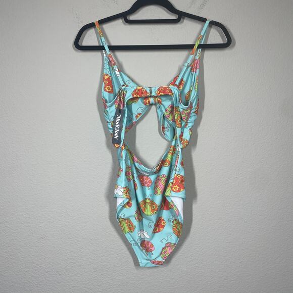 ModCloth Size Large The Siena One-Piece Swimsuit Blue Floral Tie Front Ladybug - Picture 3 of 10